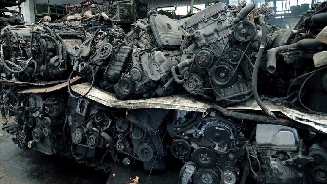Dozens of salvaged car engines stacked on pallets inside a dismantling warehouse
