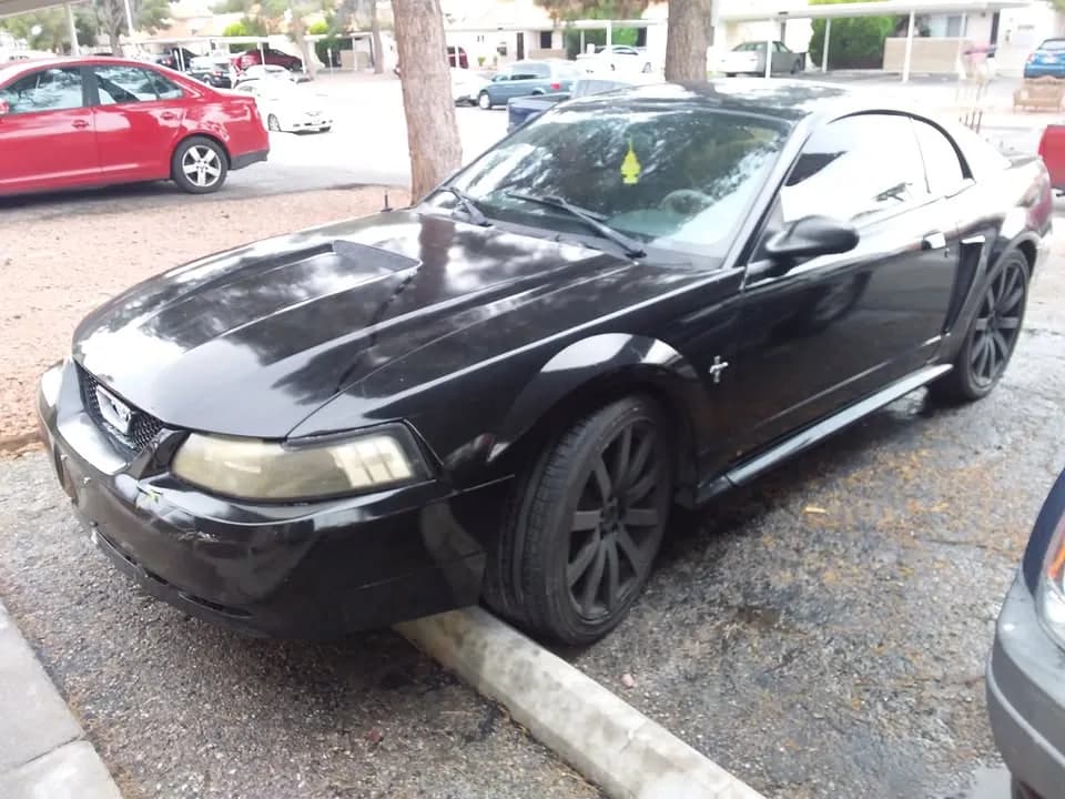 Black 2002 Ford Mustang V6 coupe in a Las Vegas parking lot, sold for cash to Cash For Cars Nevada for $800
