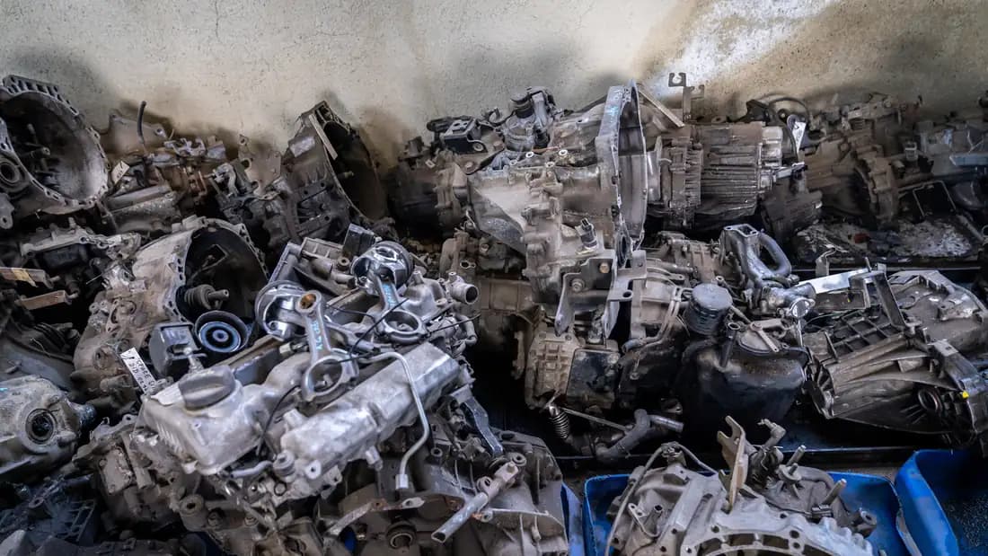 Used car engines pulled from vehicles and stacked in rows inside a salvage warehouse