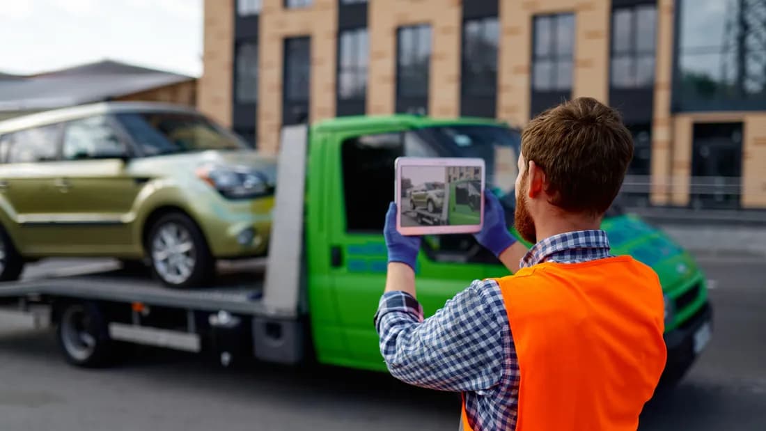 A tow truck driver in an orange vest photographing a car loaded on a flatbed with a tablet