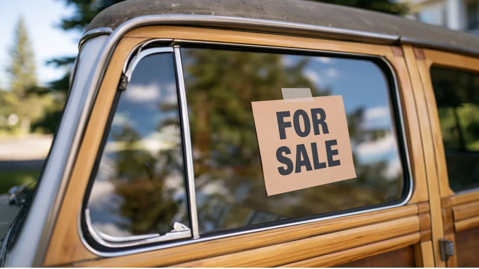 A handwritten For Sale sign taped inside the window of an older wood-paneled car