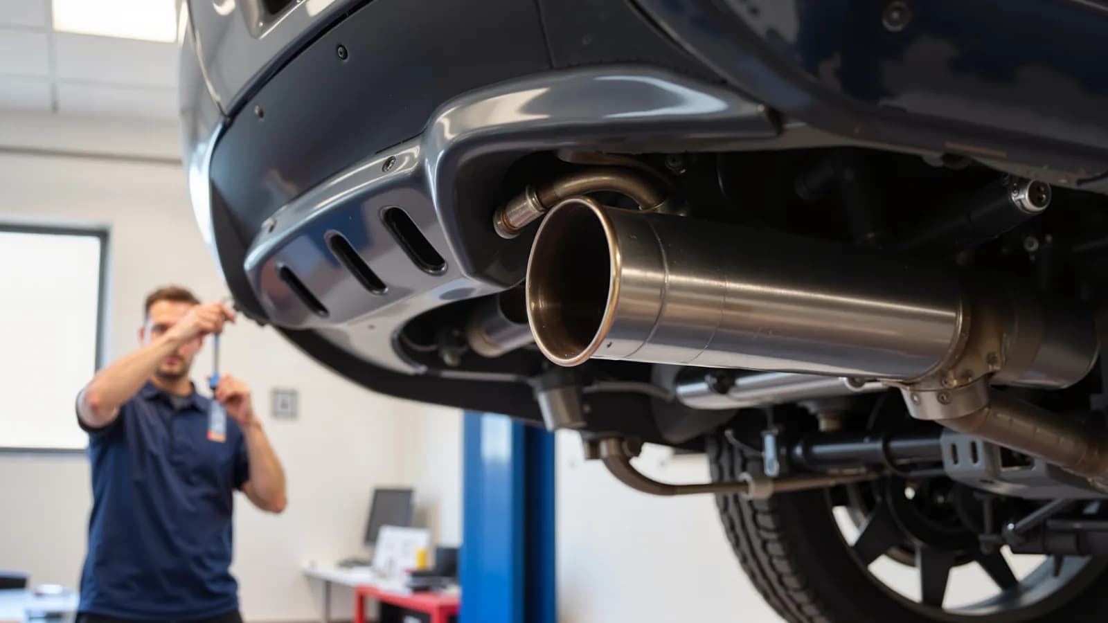 Selling a car that failed a Nevada smog check in Las Vegas or Reno A car exhaust tailpipe on a lift in a repair shop, with a technician working in the background